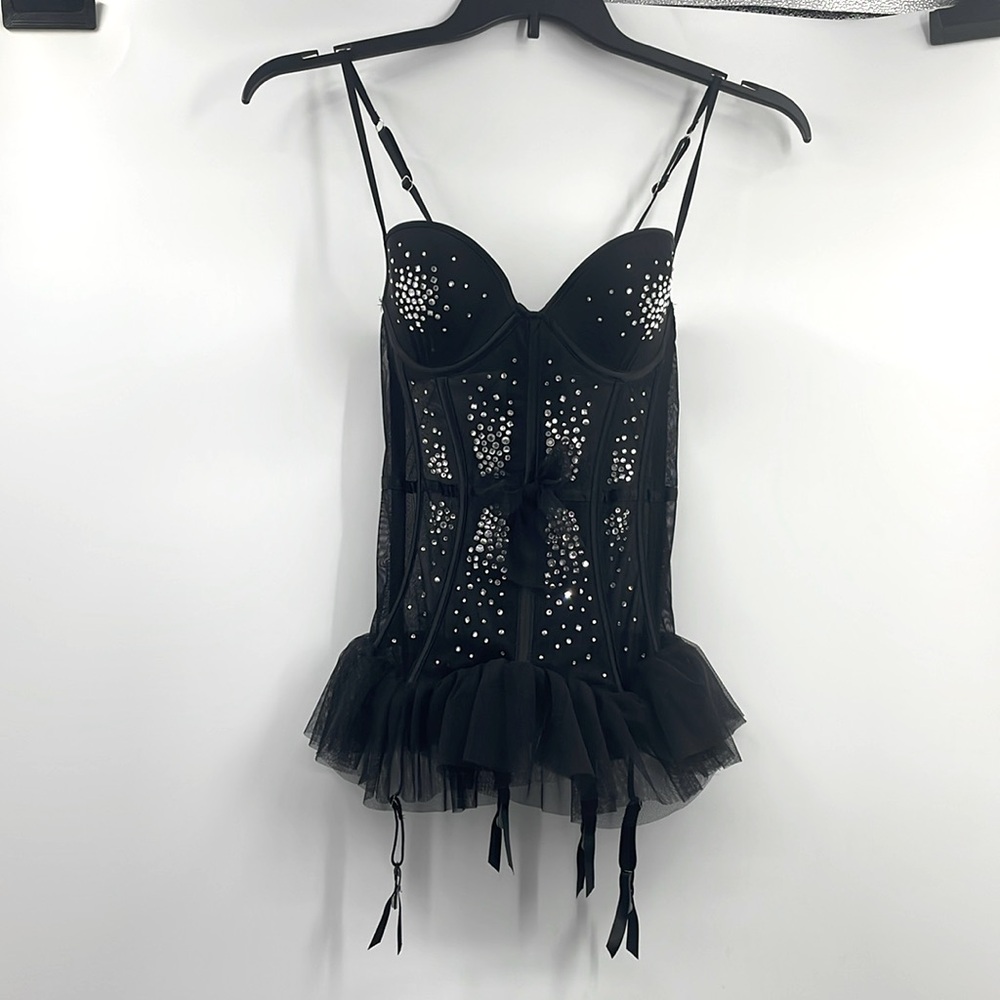 Vintage Victoria's Secret Tulle Mesh Rhinestone Corset Lingerie Size 34C